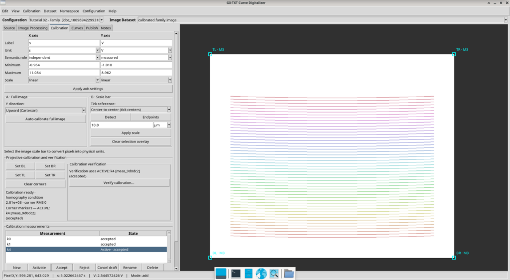 Scheda Calibration con le realizzazioni k0, k1 e k4 accettate, assi in secondi e volt e quattro angoli dell'immagine.