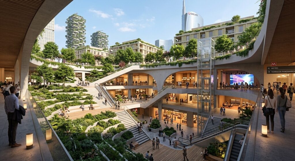 Visione della città verticale ispirata a Piazzale Loreto a Milano, con giardini terrazzati, piazze multilivello, scale mobili e collegamenti sotterranei.
