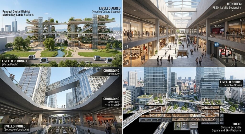 Collage sulla città verticale con parchi sospesi, passerelle tra grattacieli, spazi commerciali sotterranei e piazze sopraelevate.