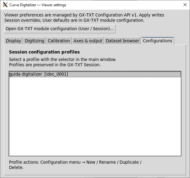 Finestra Viewer settings del Curve Digitizer di GX-TXT, pagina Configurations con l'elenco delle configurazioni salvate nella Session