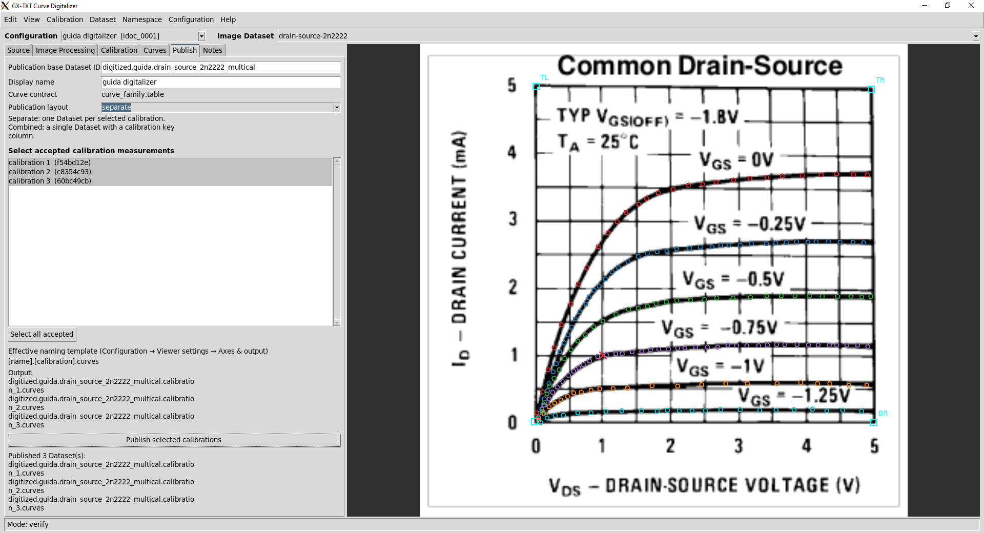 Scheda Publish del Curve Digitizer: tre calibrazioni selezionate in layout separate e anteprima dei tre ID di Dataset generati