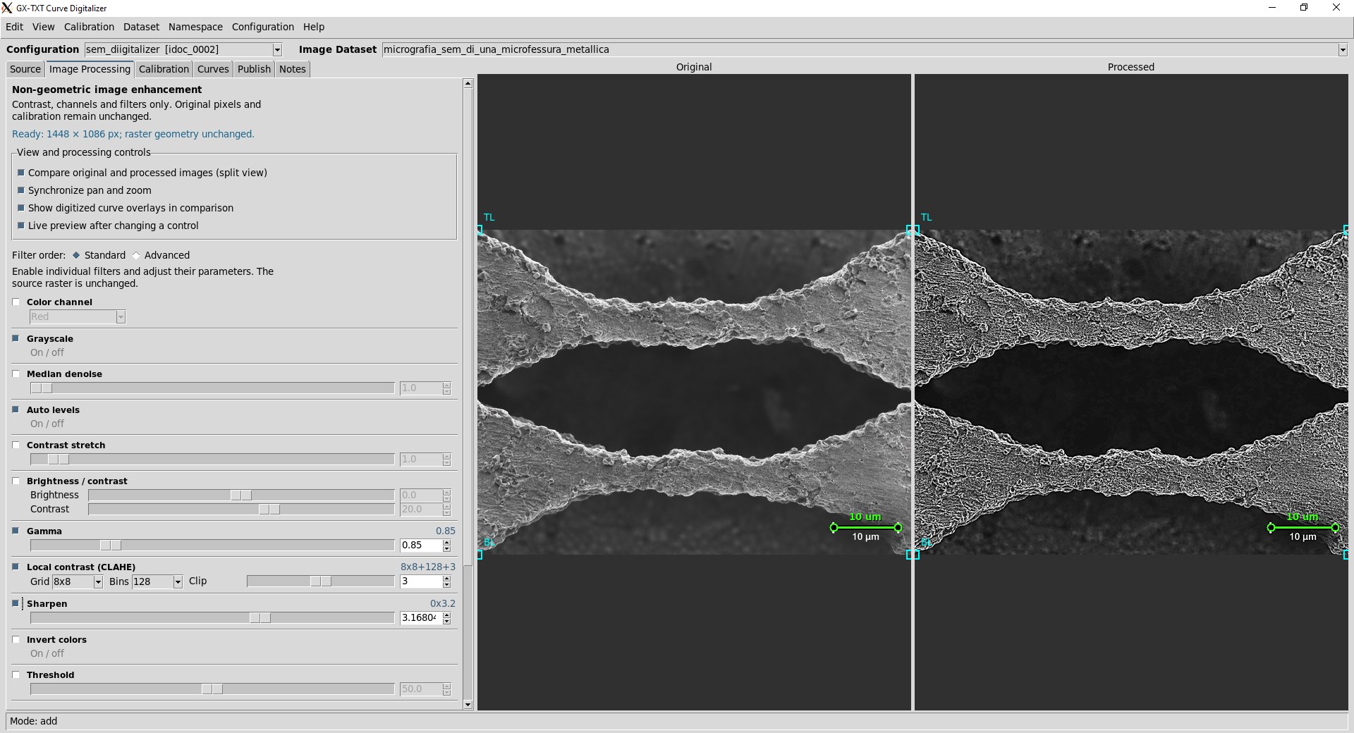 Elaborazione immagine nel Curve Digitizer: micrografia SEM sintetica originale ed elaborata affiancate, con barra di scala da 10 µm