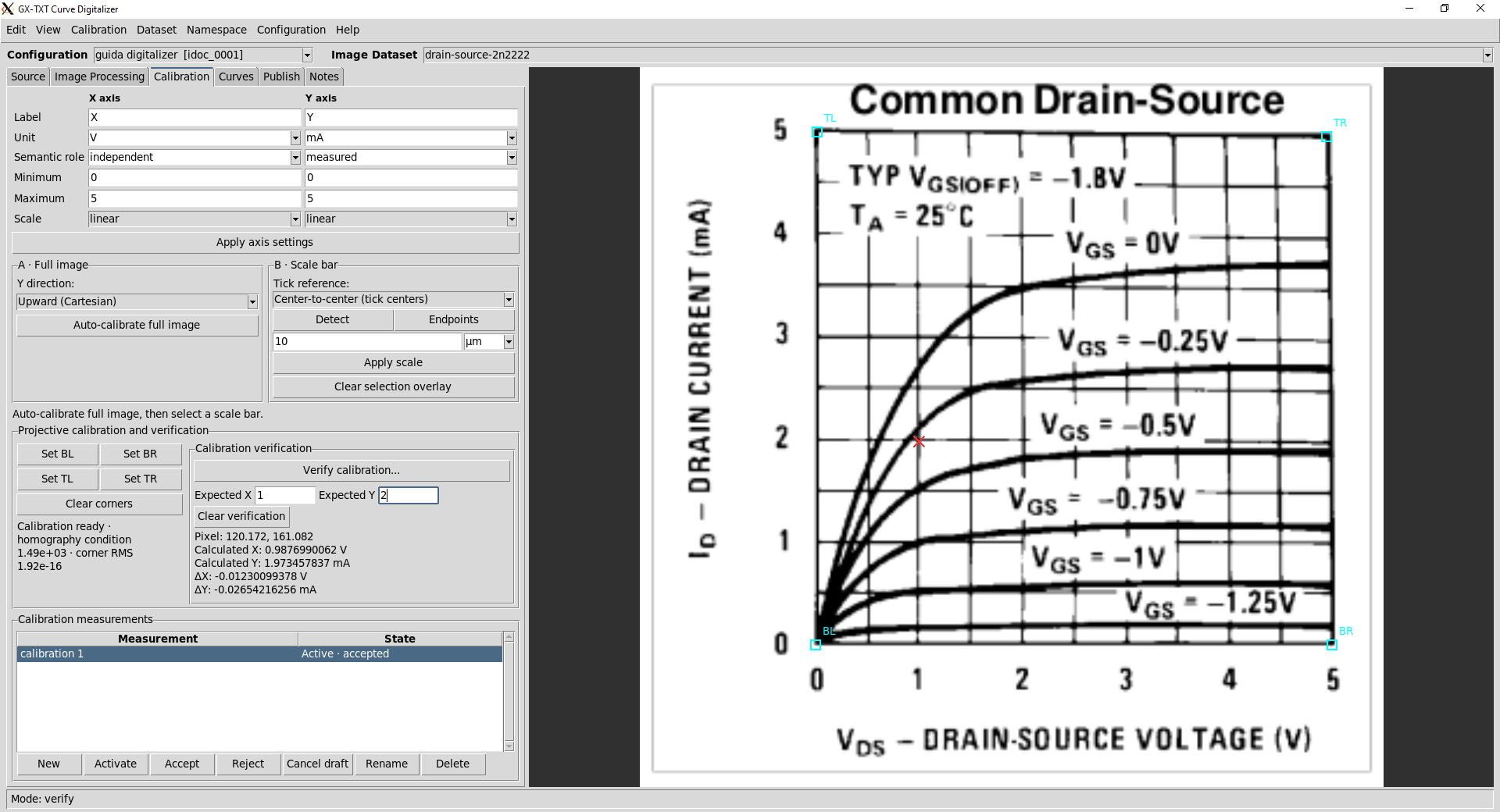 Scheda Calibration del Curve Digitizer con i quattro angoli impostati e la verifica su un incrocio della griglia: valori calcolati e scarti ΔX e ΔY