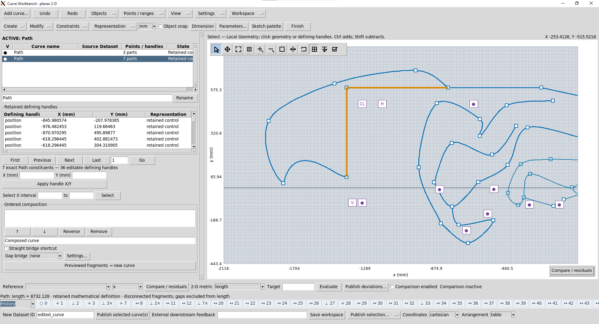 Curve Workbench di GX-TXT con geometrie in millimetri, vincoli e barra Compare / residuals