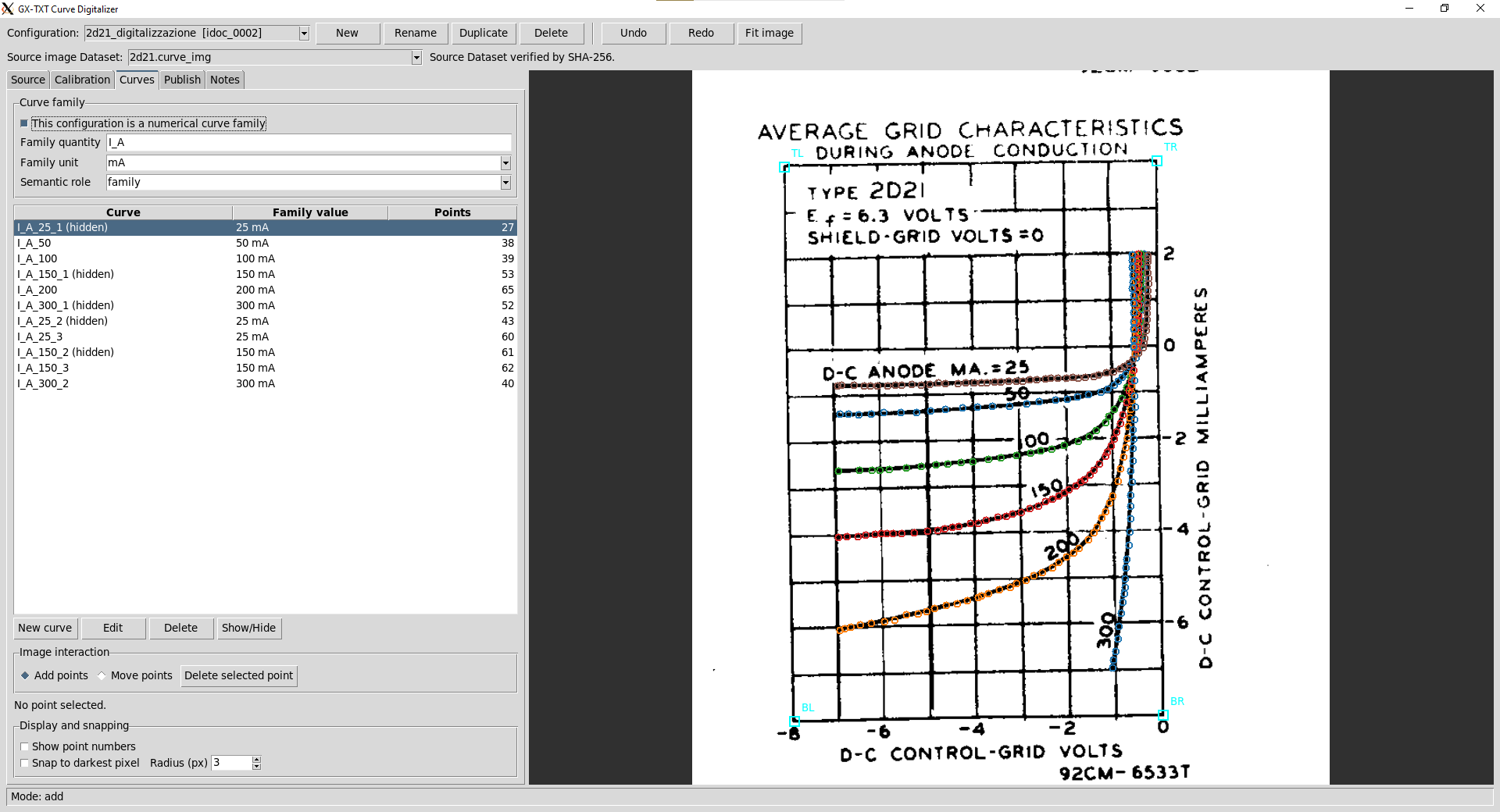 Curve Digitizer di GX-TXT con il datasheet scansionato del thyratron 2D21, assi calibrati e famiglia di curve I_A digitalizzata