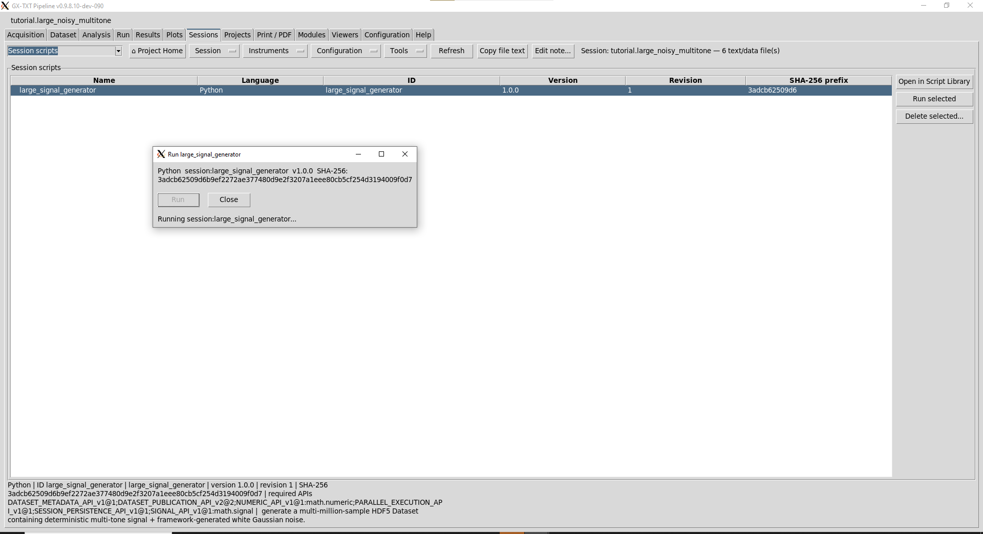 Script Python registrato nella Session di GX-TXT con versione, revisione e impronta SHA-256