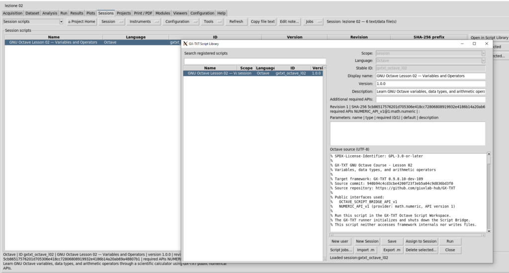 Finestra GX-TXT Script Library con lo script Octave della Lezione 02 registrato nella Session, versione 1.0.0 e API NUMERIC_API_v1 richiesta.