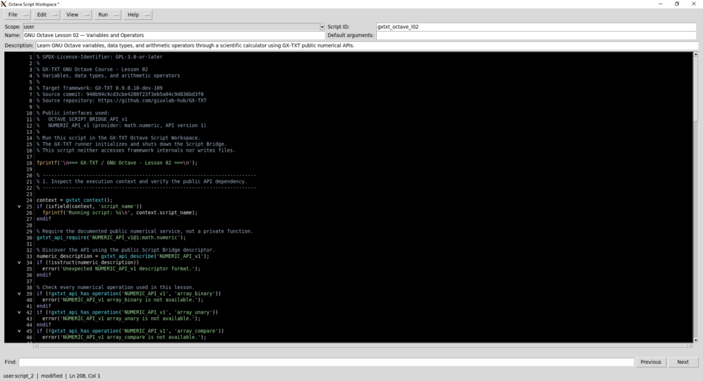 Editor Octave Script Workspace 1.7.0 di GX-TXT dev-109 con lo script della Lezione 02, nome, Script ID e codice GNU Octave.