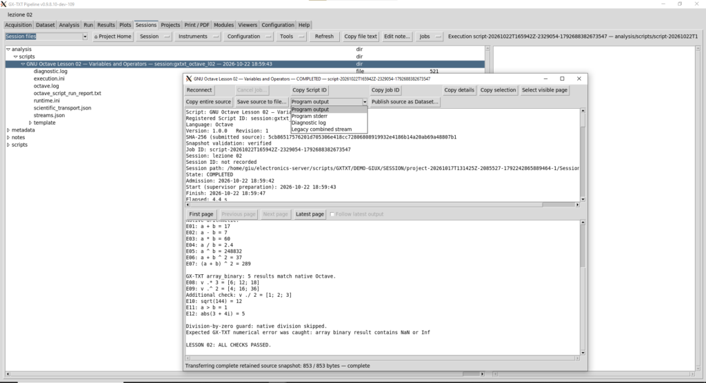 inestra dei risultati dello script GNU Octave in GX-TXT dev-109, con esecuzione completata e verifiche superate.
