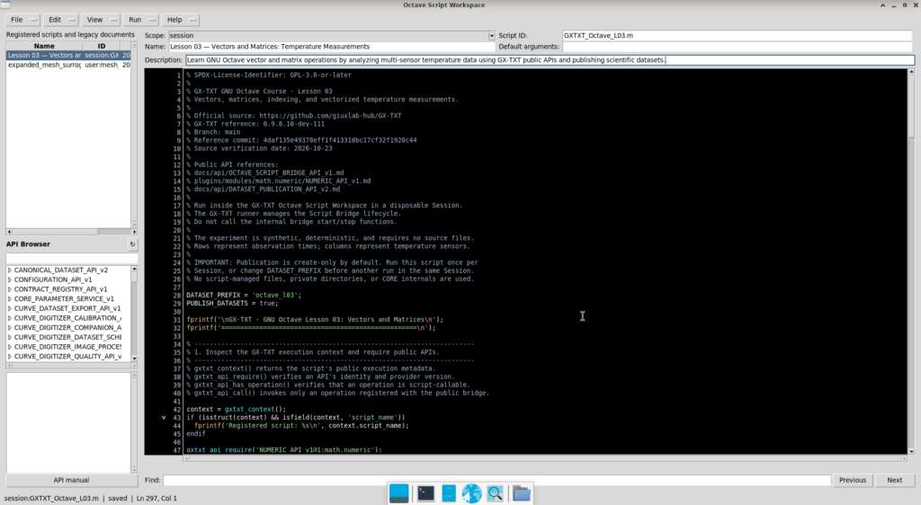 Interfaccia GNU Octave Script Workspace di GX-TXT con lo script della Lezione 03 su vettori, matrici e misure di temperatura.