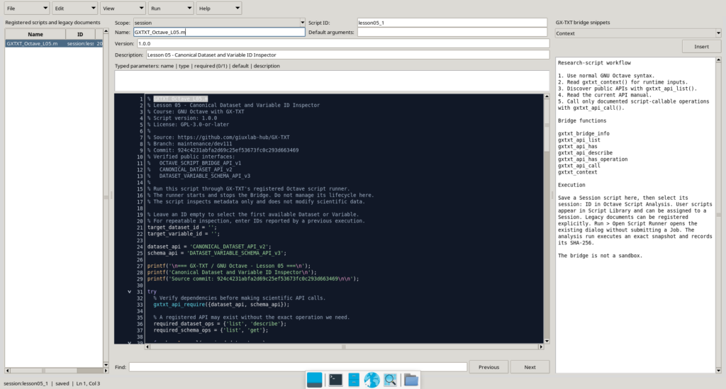 Editor Octave di GX-TXT con lo script GXTXT_Octave_L05.m registrato nella Session, versione 1.0.0.