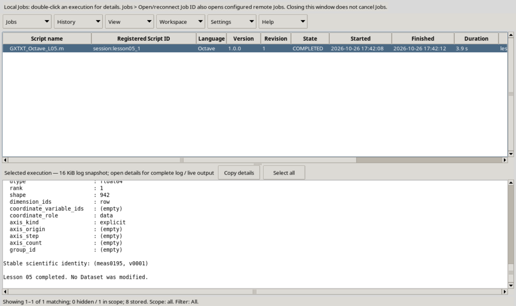 Finestra Jobs di GX-TXT con lo script GXTXT_Octave_L05.m in stato COMPLETED e il log dei metadati del Dataset meas0195.