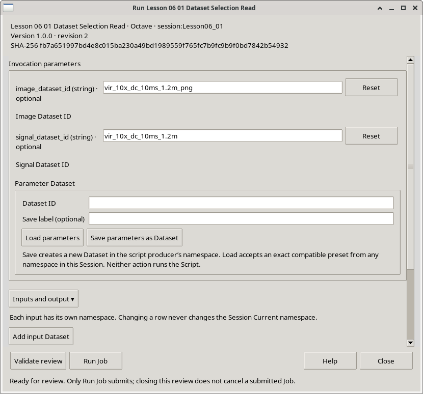 Finestra Run Job di GX-TXT con i parametri signal_dataset_id e image_dataset_id configurati per la Lezione 06.01.
