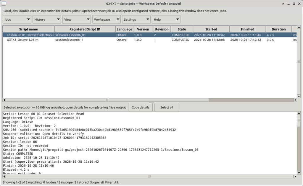GX-TXT Script Jobs con la prima esercitazione Octave della Lezione 06 completata correttamente.