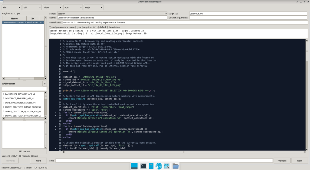 Editor Octave Script Workspace di GX-TXT con lo script della Lezione 06.01 e i parametri tipizzati dei Dataset.