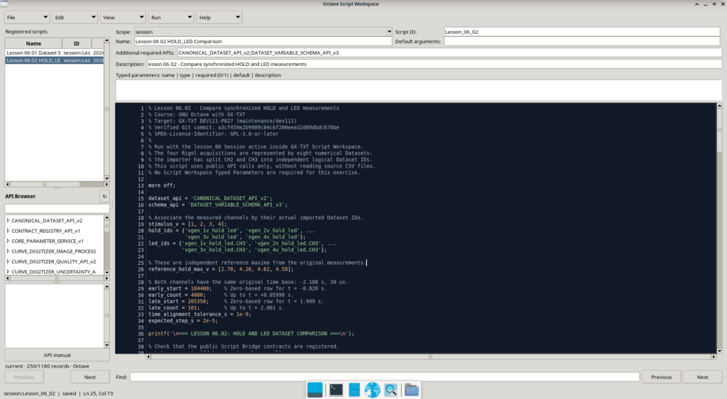 Octave Script Workspace di GX-TXT con lo script 06.02 e le API pubbliche richieste per confrontare più Dataset.