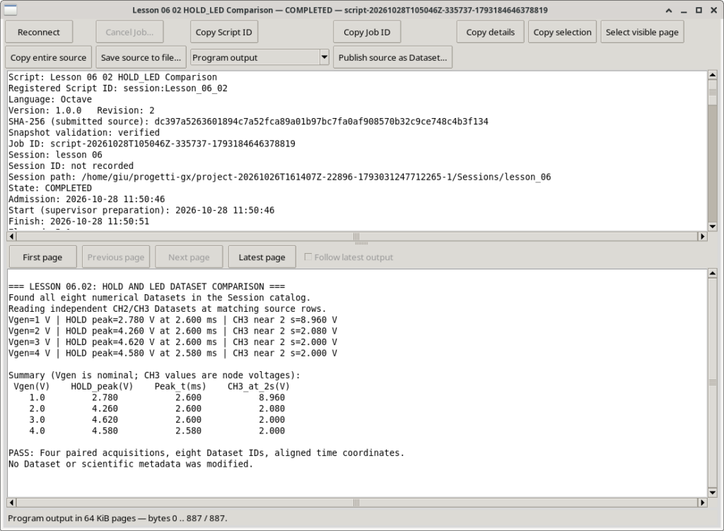 Dettaglio del Job GX-TXT completato con i risultati numerici delle quattro acquisizioni HOLD e LED.