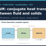 Three coupled regions in the OpenFOAM 14 heatedDuct tutorial: flowing fluid, conducting metal and heater