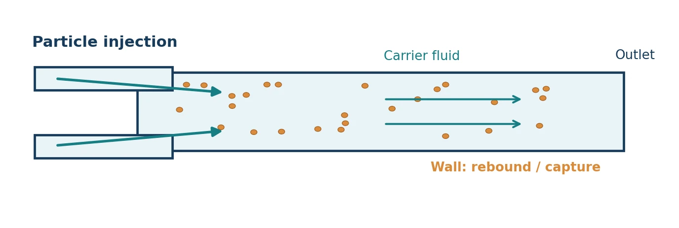 Conceptual sketch of dispersed particles in a two-inlet channel, carrier flow and wall interaction, not a CFD result