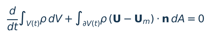 Massa in un volume di controllo mobile: d/dt dell'integrale di rho su V(t) più integrale sul contorno di rho (U − Uₘ)·n dA = 0