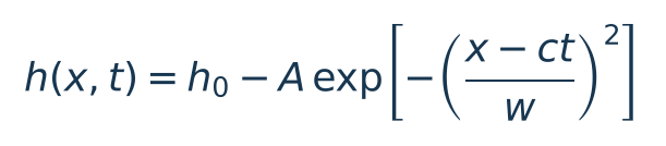 Luce libera schematica: h(x,t) = h0 − A exp[−((x − c t)/w)²]