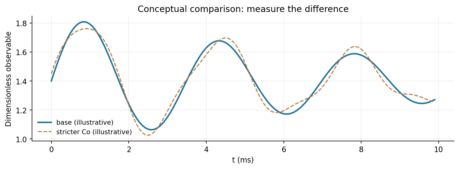 Illustrative comparison between baseline and stricter Courant case, schematic curves and not OpenFOAM data
