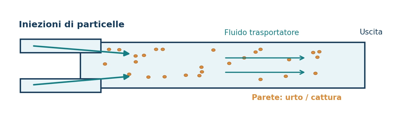 Schema di particelle disperse che attraversano un canale con due ingressi