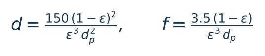Coefficienti di Ergun: d = 150(1−ε)²/(ε³ dp²), f = 3,5(1−ε)/(ε³ dp)