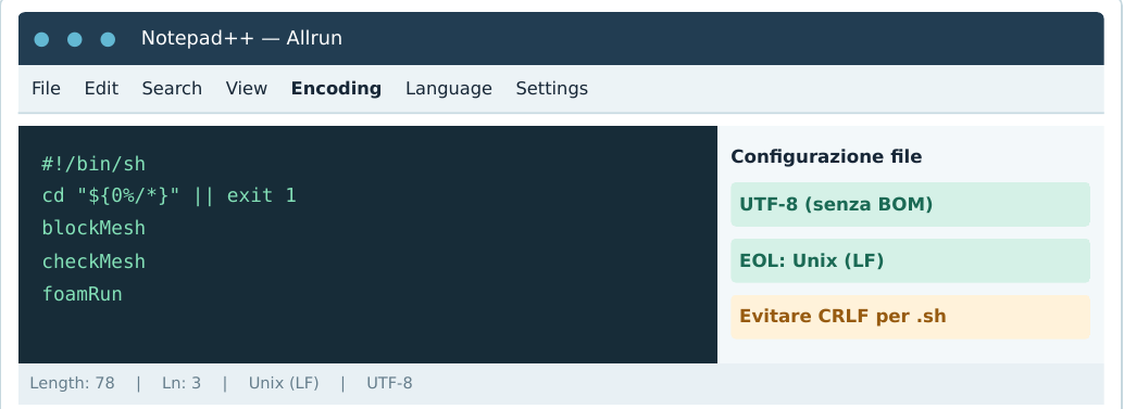 Schema Notepad++: file Allrun; opzioni UTF-8 senza BOM e terminazioni Unix LF.