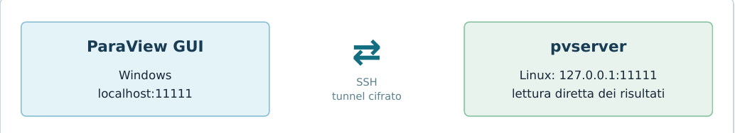 Schema configurazione ParaView: Client/Server, Host localhost, Port 11111, Manual startup.