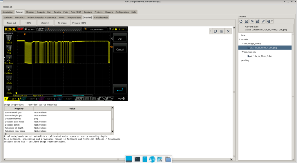 Visualizzazione in GX-TXT dello screenshot Rigol importato come Dataset immagine.